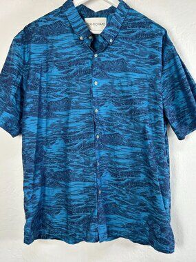 Tori Richard Mens Gold Coast Deep Sea Button Down Hawaiian Shirt Pocket Casual